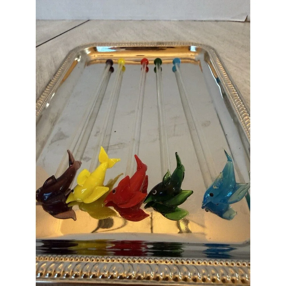 5 Murano Style Hand Blown Glass Dolphin Cocktail Stirrer Swizzle Stick Vintage